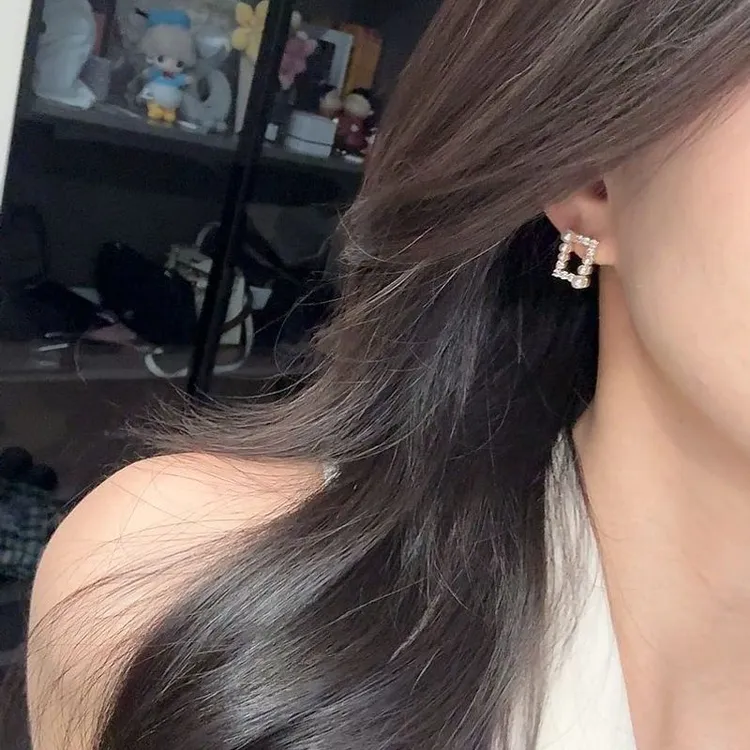 纯铜锆石耳饰 韩版银针几何耳钉复古时尚气质方形锆石耳环珍珠