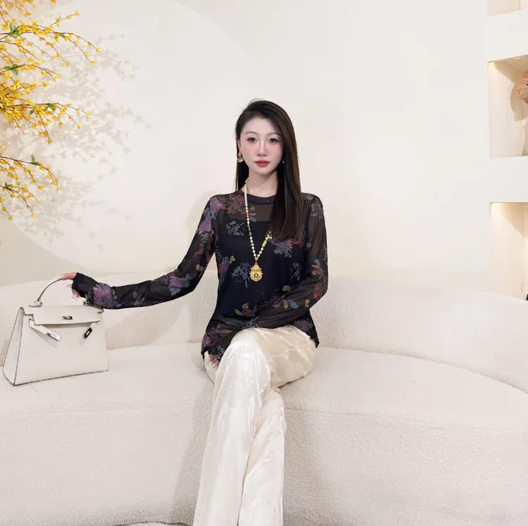 【面膜衫】2025早秋新中式国风气质弹力网纱印花打底百搭上衣237433