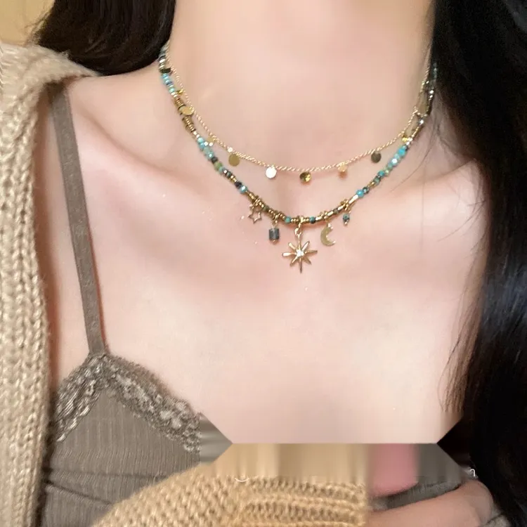合金树脂项链 复古双层叠戴项链轻奢小众嘻哈个性配饰锁骨链女感