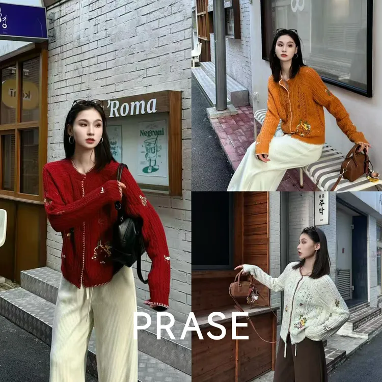 PRASE·噜【格林童话】绵羊毛复古刺绣软糯撞色圆领毛织开衫PR510E35