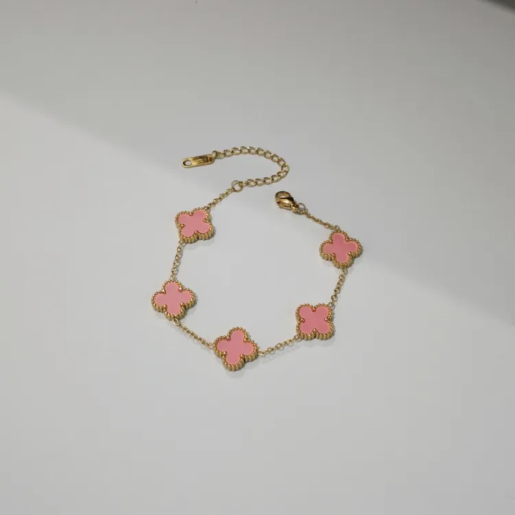 不锈钢手链 不锈钢粉色四叶草手链镀金色百搭气质双面