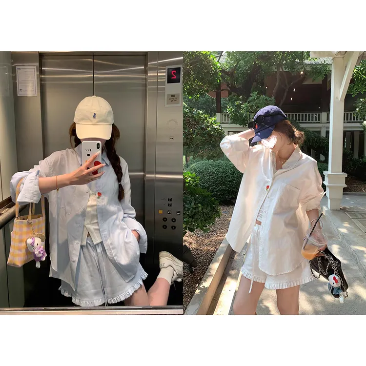 【米朵专属】夏季慵懒风长袖衬衫木耳边松紧腰阔腿短裤两件套