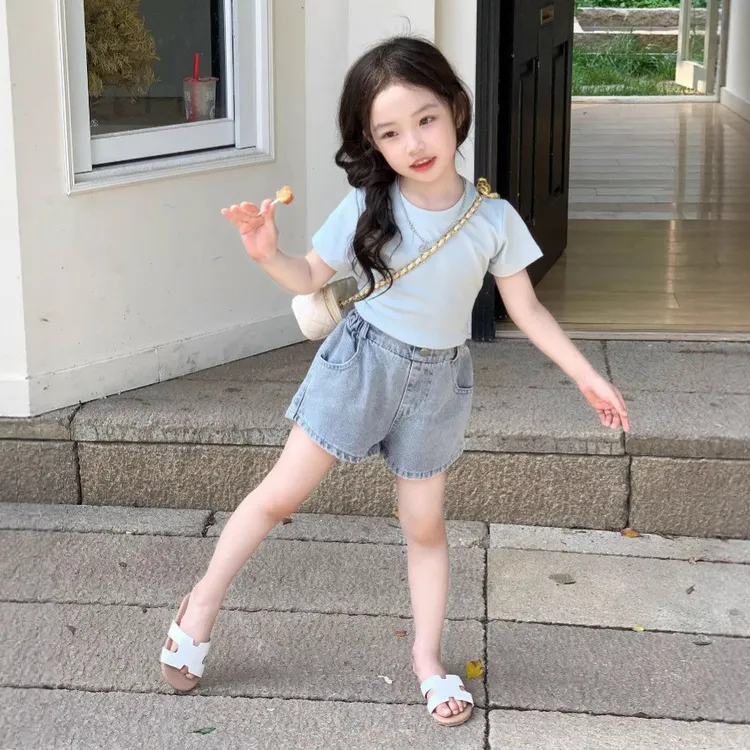 女童套装2025夏季新款休闲韩版修身镂空短袖上衣洋气百搭牛仔短裤