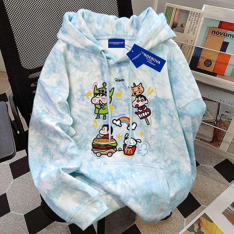 日系卡通新款潮牌扎染连帽卫衣女秋冬季加绒加厚宽松休闲显瘦上衣