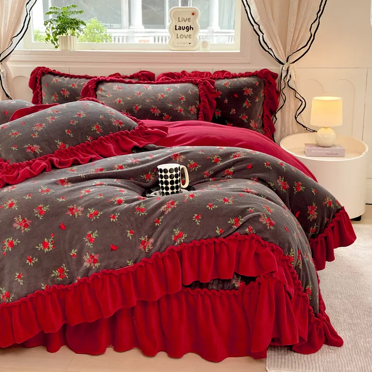 法式花边牛奶绒加厚床盖四件套冬季韩式高克重双面绒被套防滑被罩