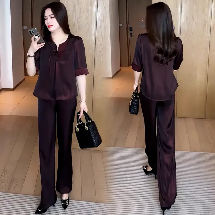 时尚套装女2025夏季新款洋气显瘦减龄盘扣短袖上衣阔腿裤两件套潮