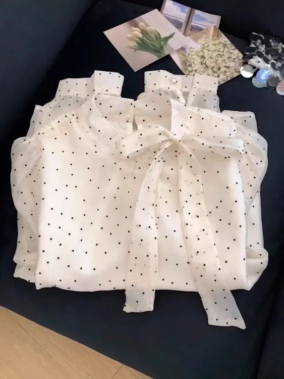 法式甜美波点蝴蝶结长袖衬衫女春季2025年新款别致高级雪纺衫上衣