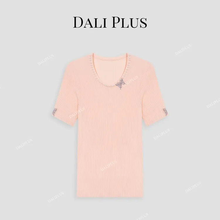 DALI PLUS重磅莱赛尔烫钻蝴蝶钉珠圆领套头天丝短袖T恤-D5CH4107