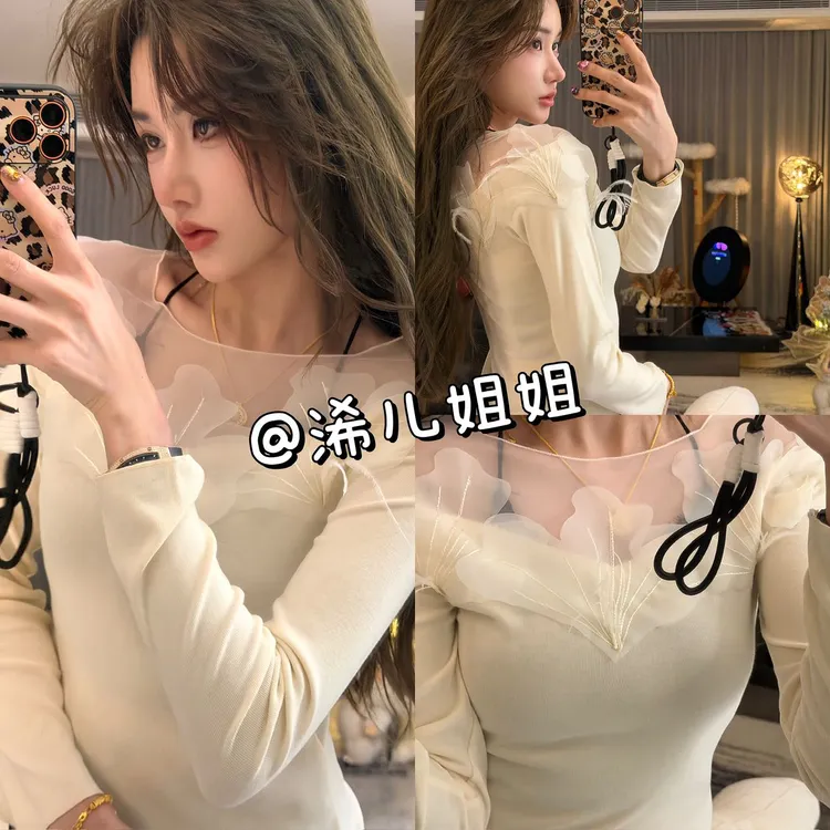甜美花朵网纱露肩上衣
