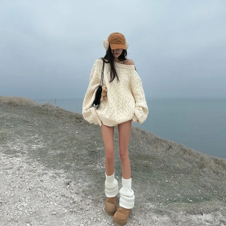 韩好甜WARDEN EDGE奶油糖霜 杏色麻花毛衣女冬季宽松加厚针织上衣