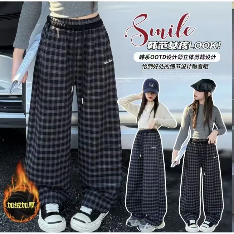 女童秋冬外穿新款大童女孩冬一体格子男童女童加绒女童加绒裤子
