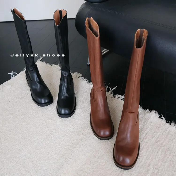 【Jellykk】4.5cm极简骑士重工水洗头层牛皮高定烟筒百搭圆头时装靴