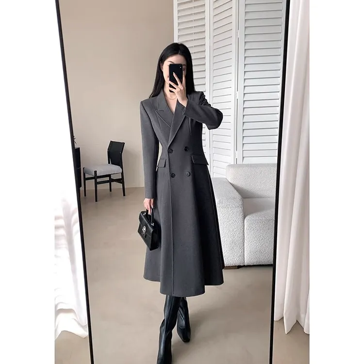 胖mm高级感灰色显瘦毛呢大衣女2025秋冬大码收腰气质长款呢子外套