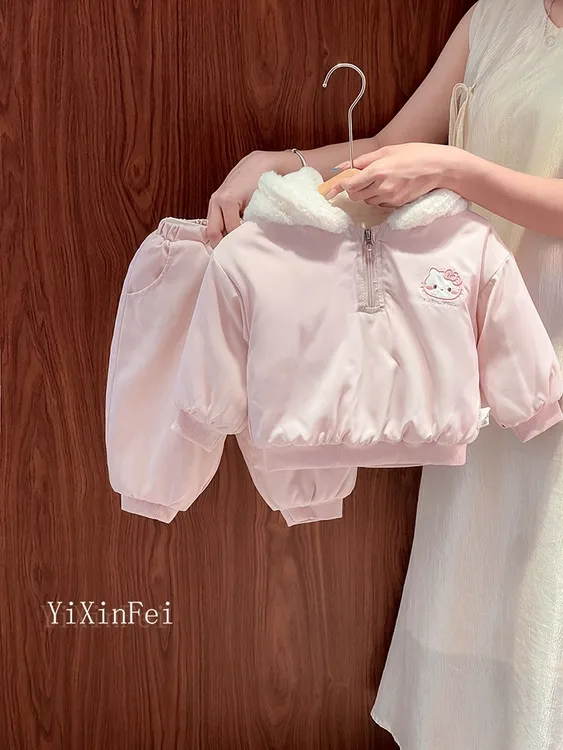 女童套装加绒加厚套装2025韩版可爱冬款女童加绒加厚两件套