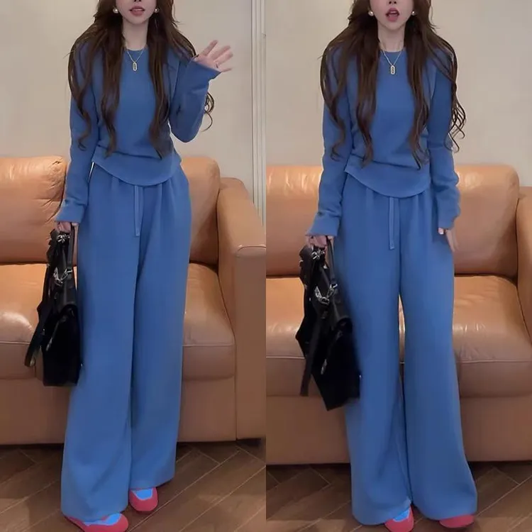 休闲风2025绒感阔腿裤时尚套装收腰上衣减龄直筒慵懒风宽松两件套