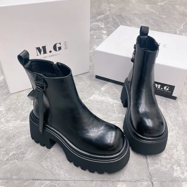 增高显瘦八厘米新款超稳厚底中筒靴飘带净版慵懒洋气马丁靴109855