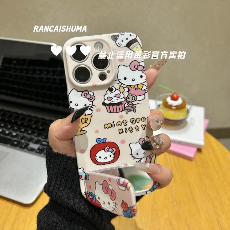 波点雪糕kitty镜子支架适用于苹果16promax手机壳华为p70手机壳