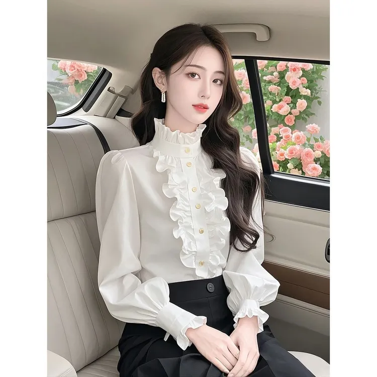 miu系千金风白色立领木耳边衬衫2025女春季款出游服装女上衣独特