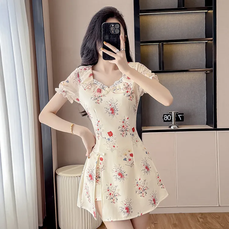  8116短袖碎花改良夏季新款法式时尚设计感收腰显瘦连衣裙套装