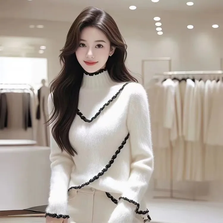 高级感白色毛衣女2025秋冬新款超好看修身小众设计感洋气针织上衣