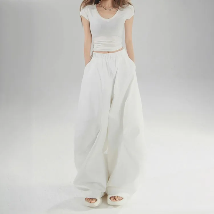 美式宽松白色阔腿裤松紧腰卫裤镰刀裤百搭香蕉裤休闲裤女弯刀裤子