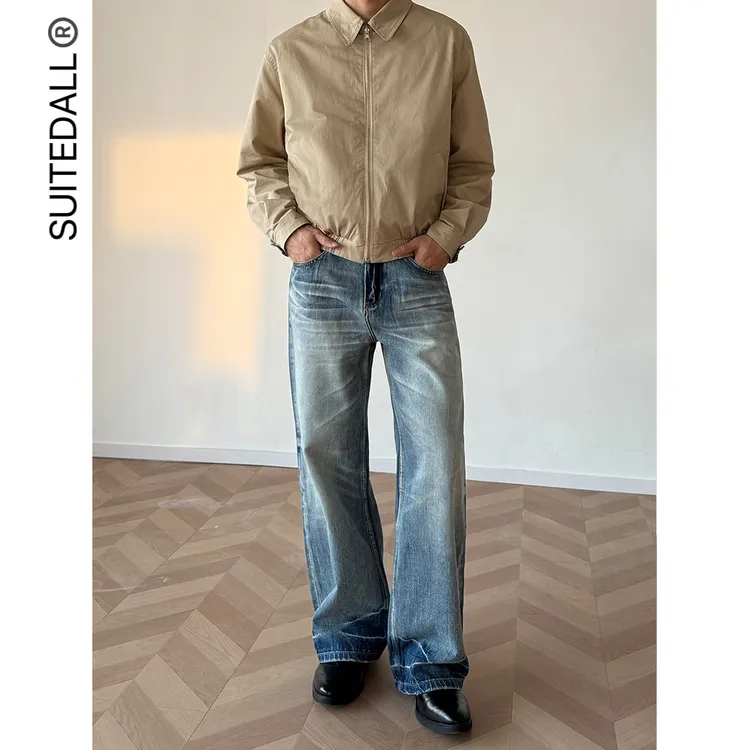 SUITEDALL竹节纹A字直筒蓝牛13盎司超柔赛络纺宽松百搭水洗牛仔裤