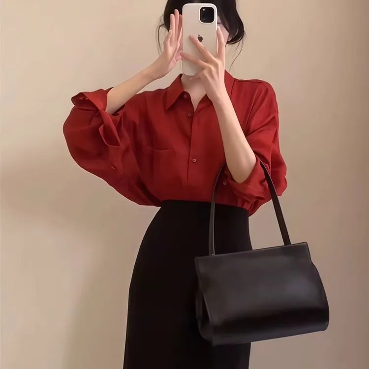 美式个性复古红色防晒衬衫女夏季2025新款透气外搭薄款衬衫高级感