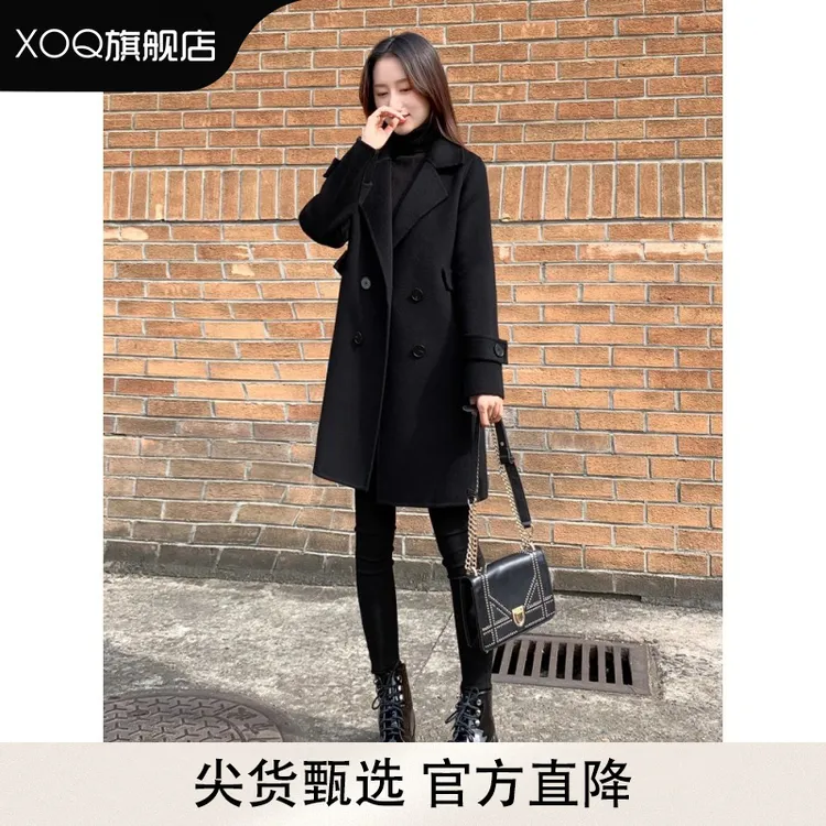 XOQ官方呢子大衣女中长款秋冬黑色修身显瘦气质赫本风毛呢外套女