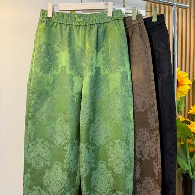 新中式国风休闲裤女欧货2025早秋新款高腰显瘦提花花苞直筒阔腿裤