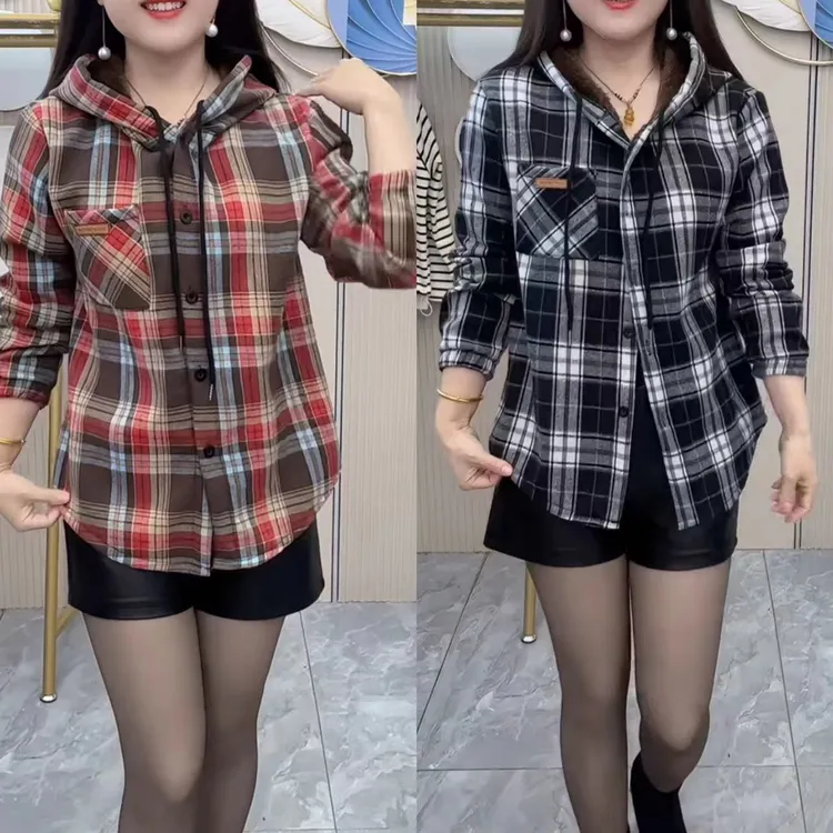 加绒外套上衣衬衣格子长袖衬衫连帽秋冬
