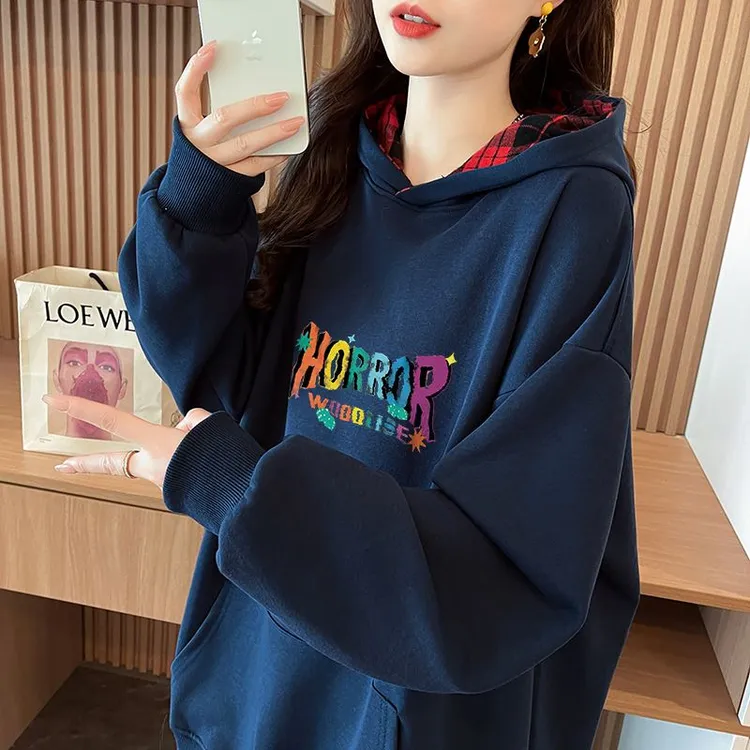 春秋薄款连帽口袋格子卫衣女洋气宽松ins潮大码女装上衣中长款