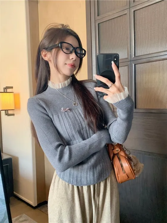 气质蝴蝶结修身毛衣女秋冬2025年新款内搭高级感半高领长袖针织衫