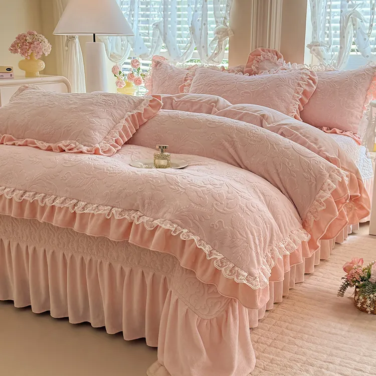 韩式公主风花边雕花牛奶绒四件套冬季双面加绒加厚床盖保暖防静电
