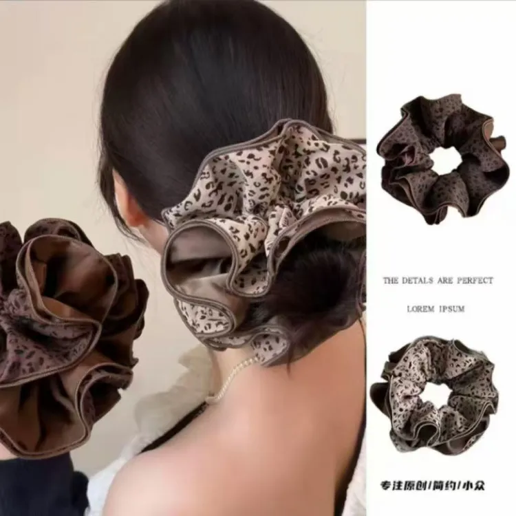 秋冬豹纹美拉德气质大肠发圈百搭简约发圈四层精致锁边头花发绳