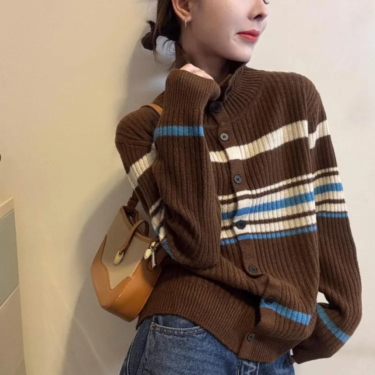 100%正品撤柜羊毛衫针织开衫复古撞色条纹高领毛衣秋冬新款外套