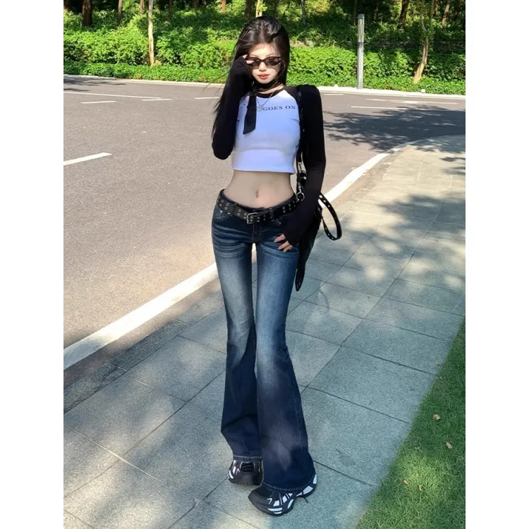 大码美式复古猫须微喇牛仔裤女2025秋季新款低腰显瘦马蹄拖地裤子