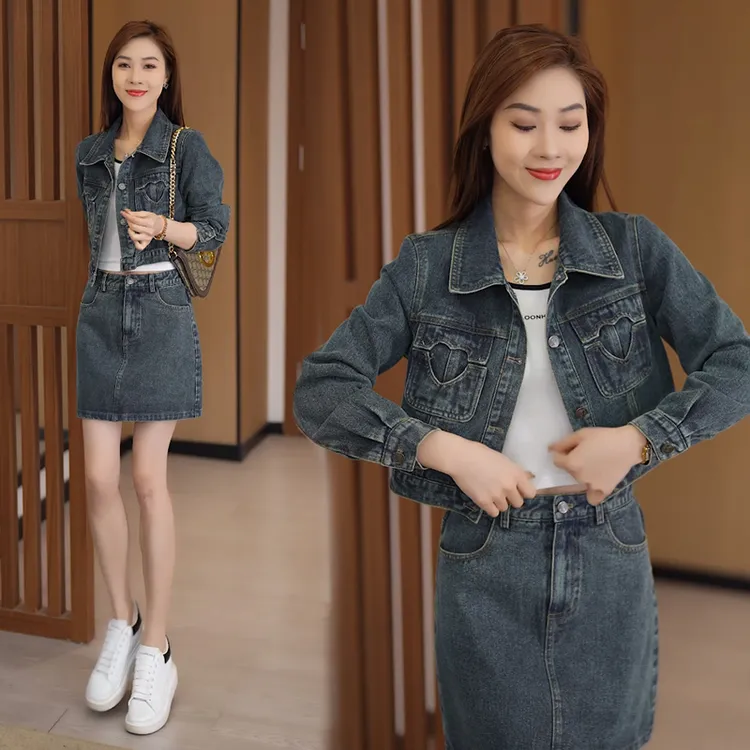 时尚牛仔短裙套装女2025年秋季新款小个子牛仔短外套a字裙两件套
