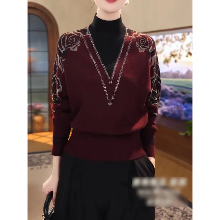 轻奢端庄优雅贵气针织衫女2026春装新款时尚百搭印花长袖保暖毛衣