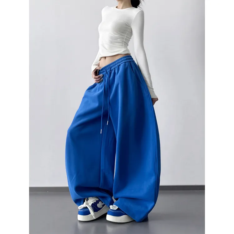 克莱因蓝运动裤女2025秋冬新款宽松显瘦休闲高腰直筒阔腿长裤子潮