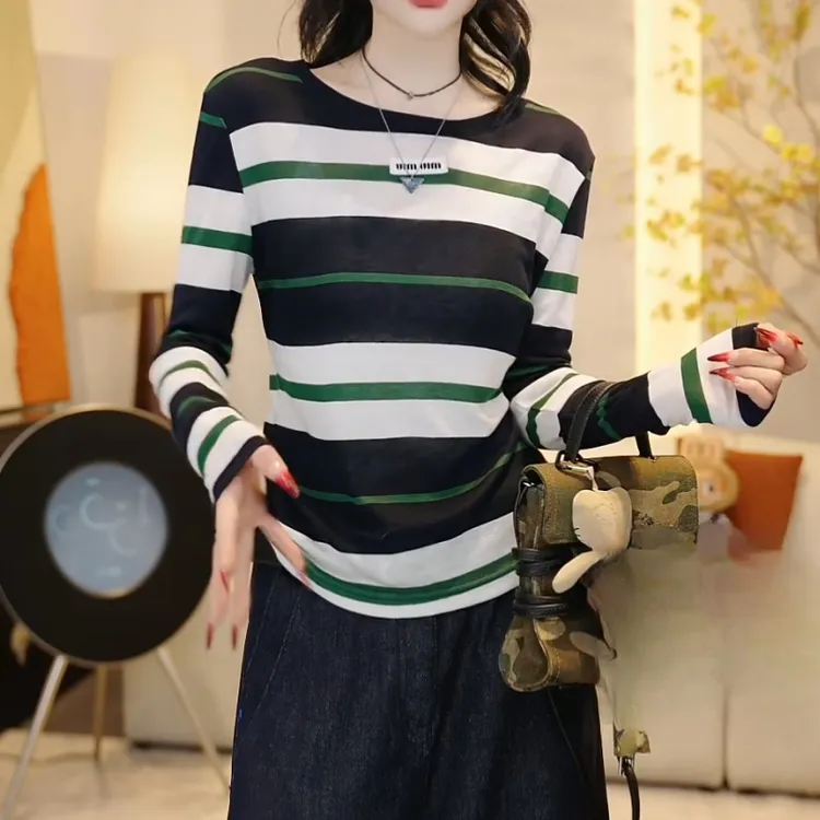 『条纹日记』25早秋新款时尚百搭撞色条纹长袖防晒T恤上衣LK2505621