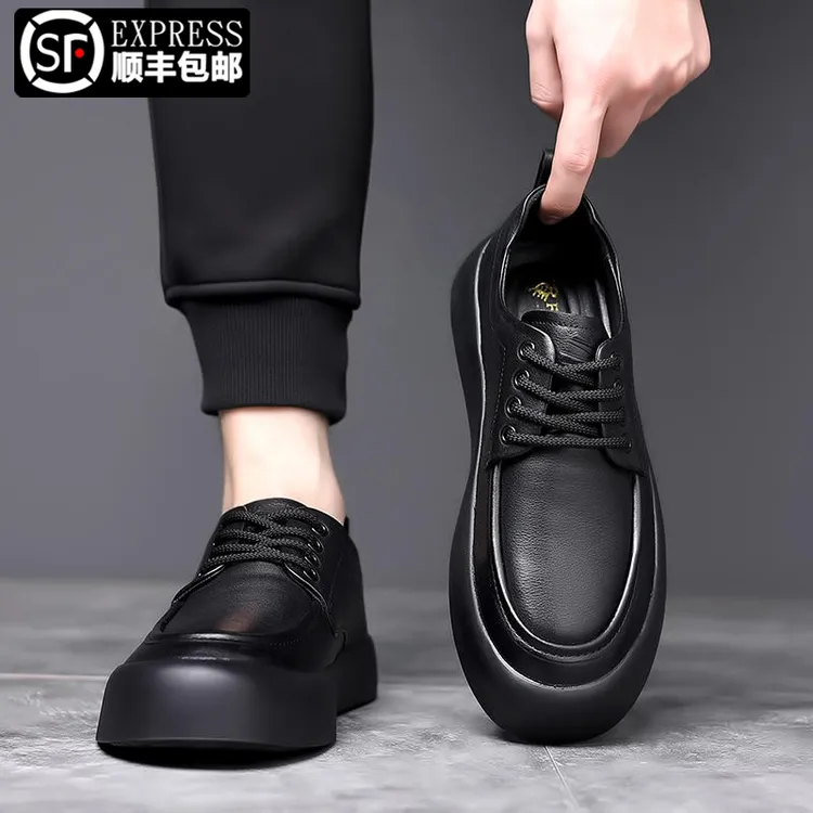 轻奢男鞋秋季新款潮流英伦圆头厚底德比鞋真皮黑色正装休闲皮鞋男