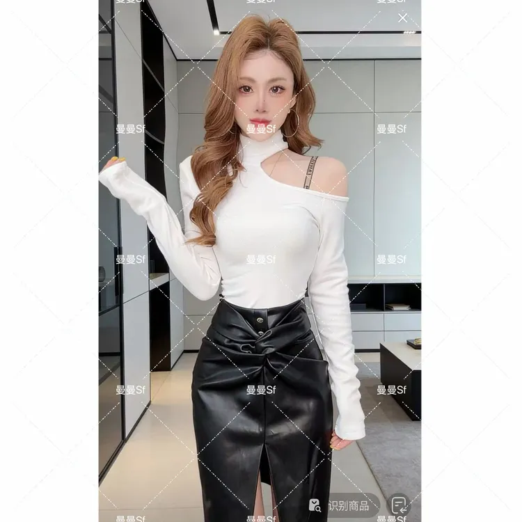 曼曼【漫感辣妹】韩版秋冬加绒挂脖长袖T恤3957#