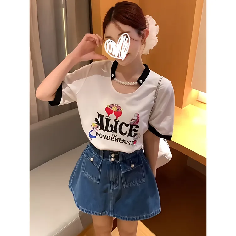 韩版夏季时尚气质宽松撞色上衣可拆卸珍珠链条短袖T恤洋气衣服女