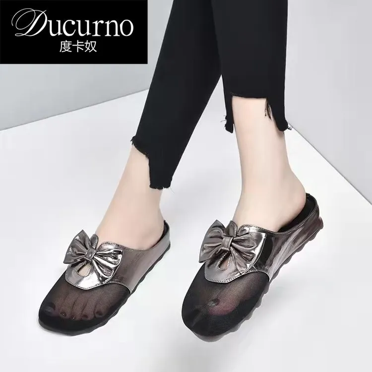 DUCURNO 真皮包头时尚拖鞋2025年夏季新款圆头平底蝴蝶结网纱女鞋