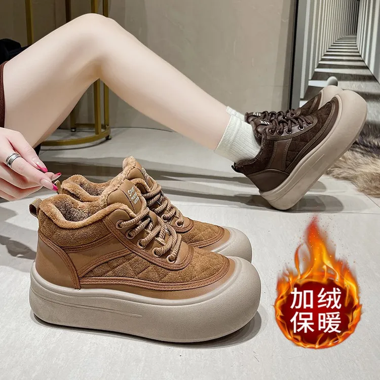 加绒高帮鞋女2025秋冬新款大头厚底百搭休闲运动板鞋加厚保暖棉鞋