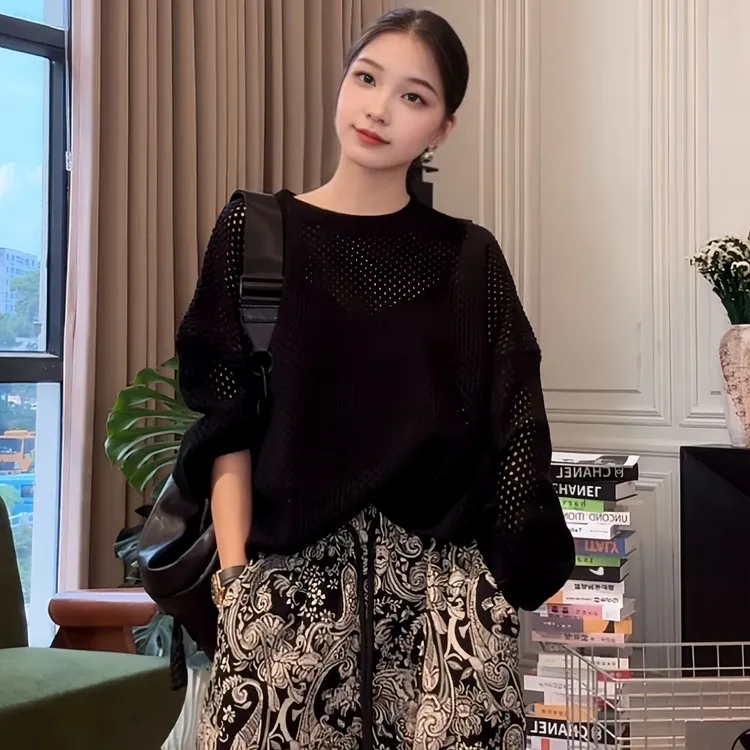 休闲镂空设计感针织衫2025秋季大码胖MM百搭圆领套头长袖女士上衣