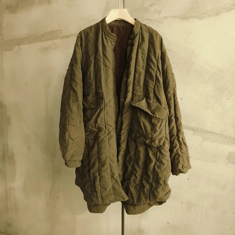 沉香布衣草堂原创棉服中长小立领进口色织亚麻汉麻自制C25w11276