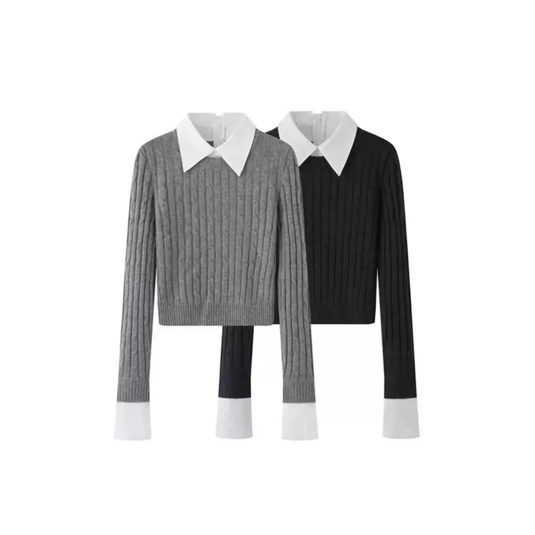 【艾家】秋季新款时尚甜美拼接衬衫领假两件针织衫女=AR803015