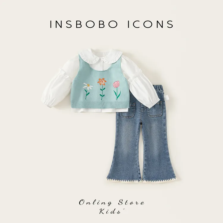 INSbobo女童套装娃娃领衬衫+背心+牛仔喇叭裤三件套CT25118A