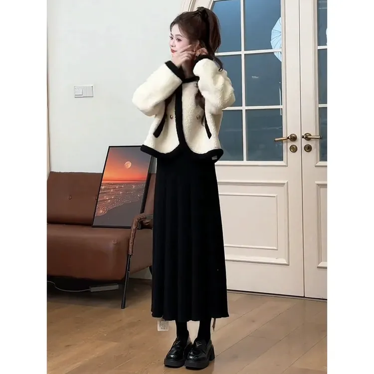 秋冬小香风韩系穿搭一整套装女高级感气质毛呢外套半身裙子两件套